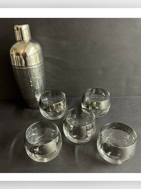 Vtg 1960s Dorothy Thorpe style silver banded roly poly Madmen glasses and shaker
